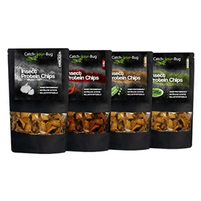 Abbildung von 4er Pack Essbare Insektenchips 24% Protein Insekten zum Essen von Catch Your Bug Chili, Knoblauch, Classic, Wasabi, je 70 g