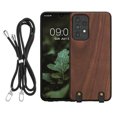 Abbildung von kwmobile Necklace Case kompatibel mit Samsung Galaxy A33 5G Hülle Holz TPU Cover Handykette Band Handyhülle Dunkelbraun