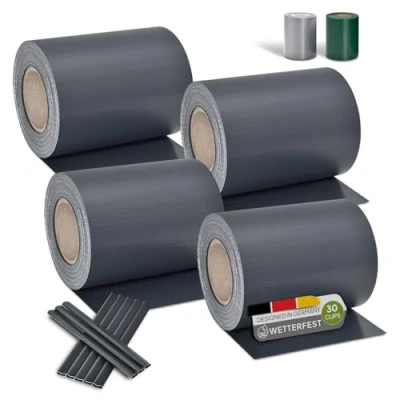 Abbildung von Juskys PVC Sichtschutzstreifen Doppelstabmatten Zaun 4er Set 4 Rollen á 35m x 19cm 120 Befestigungsclips Zaunfolie Sichtschutz Windschutz anthrazit