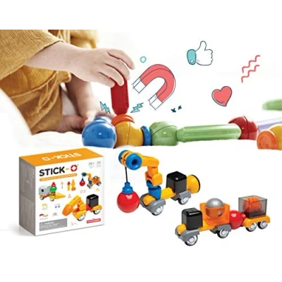 Abbildung von Stick O magnetische Bausteine für Kinder ab 3 Jahre, kreatives Konstruktionsspielzeug, Lernspielzeug mit Magnet, Baustellen Set Mädchen und Jungen, Montessori Spielzeug, 26 Teile Set,