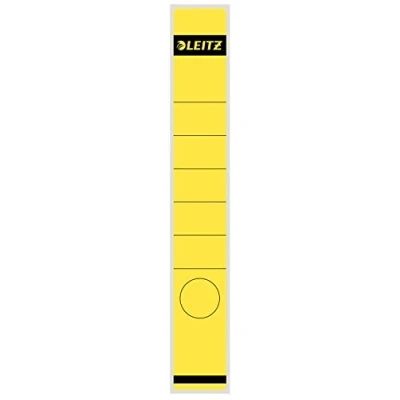 Abbildung von Leitz Rückenschild selbstklebend für Standard und Hartpappe Ordner, 10 Stück, 50 mm Rückenbreite, Langes schmales Format, 39 x 285 mm, Papier, gelb, 16480015