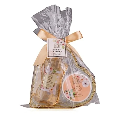 Abbildung von Accentra Duschset Frauen Geschenkset HONEY JASMINE in wunderschönem Drahtkorb 2 teiliges Pflegeset mit Duschgel und Körpercreme Wellness Geschenk Set zum Geburtstag, Valentinstag &amp; Weihnachten