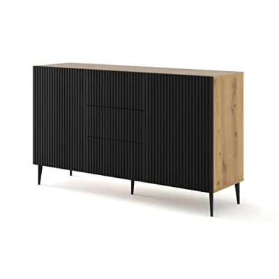 Abbildung von BIM Furniture Kommode Ravenna B 2D3S 150 cm mit gefräster Front Hochwertiges MDF, Sideboard, Buffet auf Schwarze Metallstiftbeinen, 2 Schränke, 3 Schubladen (Eiche Artisan + Schwarz Matt)