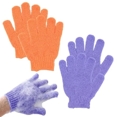 Abbildung von 2 Paar Peeling Handschuhe, Badehandschuhe, exfoliating gloves, FüNf Finger Badehandschuhe FüR MäNner, Damen, Kinder Zum Peeling/Dusche/Wanne/Spa/Massage (Lila + Orange)