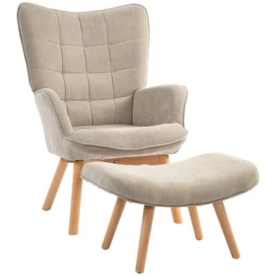 Abbildung von HOMCOM Relaxsessel Ohrensessel mit Hocker, Polstersessel in Cord Optik (Loungesessel, 2 St., Armlehnstuhl), für Wohnzimmer, Hellbraun
