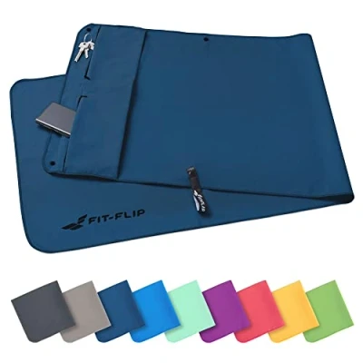 Abbildung von Fit Flip Fitness Handtuch aus Mikrofaser mit Magnet und Reißverschluss Tasche Fitnesshandtuch für Sport Gym Kompakt &amp; Schnelltrocknend Sporthandtuch Fitnessstudio Marineblau 130x48cm