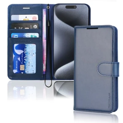 Abbildung von TECHGEAR hülle iPhone 15 Pro Leder klappbar, PU Flip Schutzhülle Ledertasche [Brieftasche] Handyhülle mit Ständer und Handschlaufe Blau Kompatible