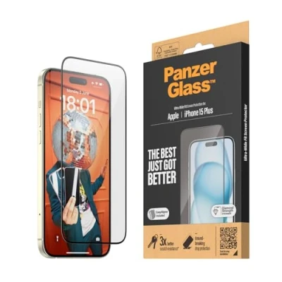 Abbildung von PanzerGlass™ Kratzfester Displayschutz für Apple iPhone 15 Plus Ultra Wide Fit und kristallklare Anzeige, Stoßfestigkeit Fallschutz mit Montagehilfe einfache Installation