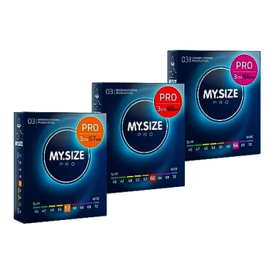 Abbildung von MY.SIZE XXL Kondome PRO «Probierset XL» (57mm, 60mm, 64mm) 3 Packungen mit je Maßkondomen, insgesamt, 9 St., zum Anprobieren und Austesten, die neue Generation