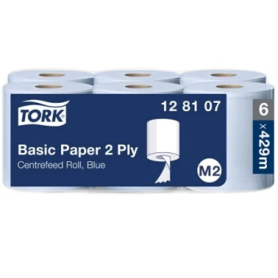 Abbildung von Tork 128107 Standard Papierwischtücher für das M2 Innenabrollung Spendersystem / 2 lagiges stabiles Papier in Blau 6 x 150 Meter