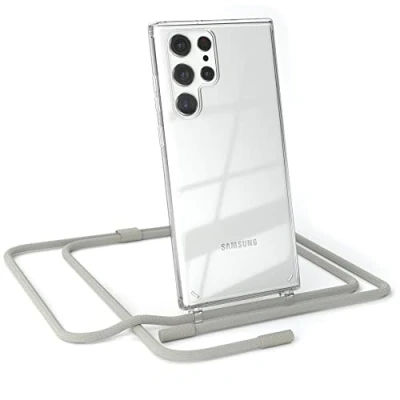 Abbildung von EAZY CASE kombinierbare Handyketten kompatibel mit Samsung Galaxy S22 Ultra 5G, Transparente Silikon Hülle Umhängeband, abnehmbar durch abschraubbare Endstücke, Schultergurt, Taupe