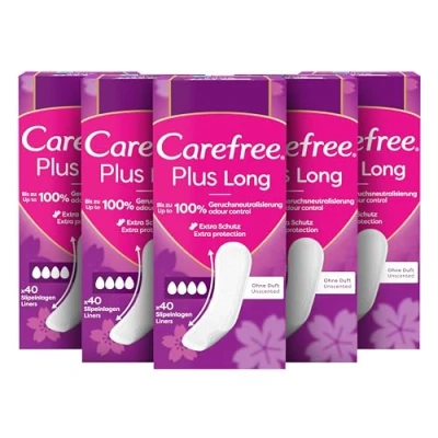 Abbildung von CAREFREE Slipeinlagen Plus Long ohne Duft (5 x 40 Stück), super saugstark, um Flüssigkeiten sofort einzuschließen, Größe