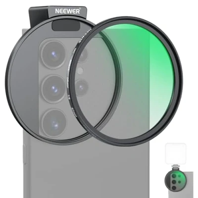 Abbildung von NEEWER 67mm 1/4 schwarzer Diffusionsfilter&amp;Kaltschuh Handyclip für Handy, inklusive Tragetasche und Objektiv Reinigungstuch, kompatibel mit Galaxy S24 Serie, iPhone 16 15 Pro Max 14 13