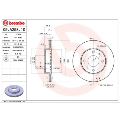Abbildung von BREMBO 09.A258.10 Bremsscheibe 257 24 4 innenbelüftet HYUNDAI: SONATA 4, COUPE, LANTRA 2 Wagon