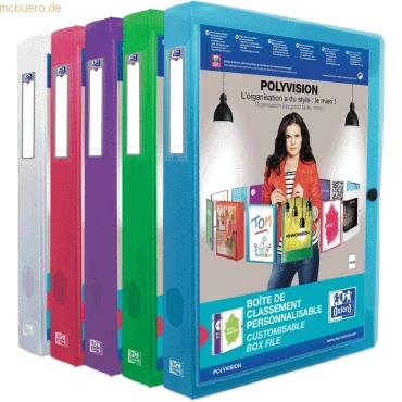 Abbildung von OXFORD Polyvision Box mit Standardkapazität 24 x 32 cm Rückseite 40 mm Druckknopfabdeckung Polypro Translucent Sortierte Farben