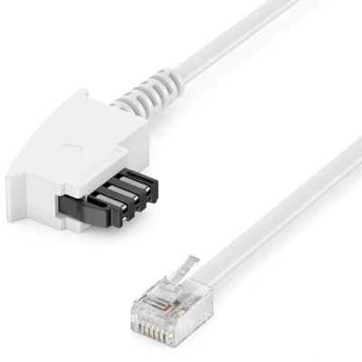 Abbildung von deleyCON 20m Telefonkabel TAE F Stecker auf RJ11 Int. Norm 6P4C Flachkabel Analoge Endgeräte an Telefondose Telefon Fax Modem Router Anrufbeantworter Weiß