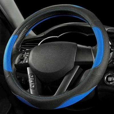 Abbildung von Universelle 38cm PU Leder Auto Lenkrad Abdeckung Schwarz blau