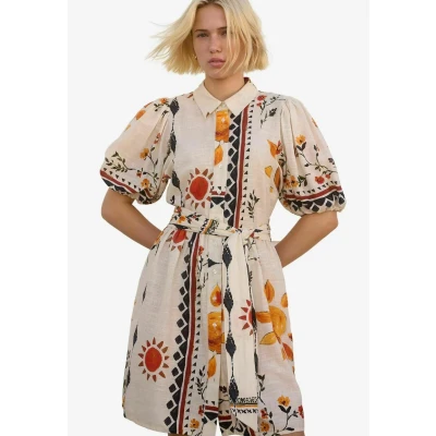 Abbildung von Next Regular FIT PUFF Sleeve TIE Waist Blusenkleid, Damen, Größe: 44, Ecru cream sun print