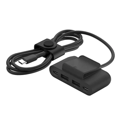 Abbildung von Belkin 4 Port USB Splitter mit 2 m Kabel, C und A Ports, Adapter 30 W Leistung, Schnellladen des iPhone 14 Samsung Galaxy S23, umweltfreundliche Ausführung, abnehmbarer Clip
