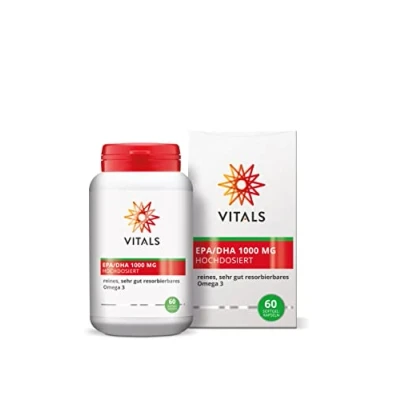 Abbildung von Vitals Ultra Pure EPA/DHA 1000mg 60 Softgel Kapseln. Hochdosiert mit 570mg EPA und 430mg DHA pro Reines sehr gut resorbierbares Omega 3 ohne unnötige Zusatzstoffe.