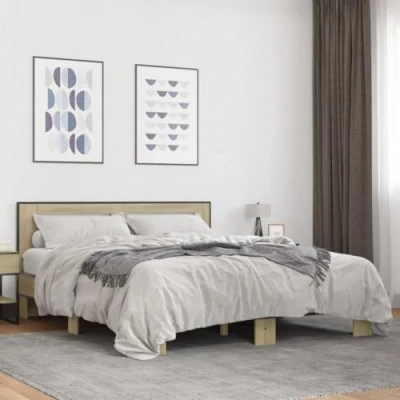 Abbildung von vidaXL Bettgestell, Bett mit Kopfteil für Schlafzimmer, Bettrahmen Lattenrost, Schlafzimmerbett Doppelbett, Sonoma Eiche 160x200cm Holzwerkstoff Metall