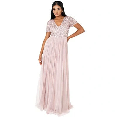 Abbildung von Maya Deluxe Damen Ballkleid Abendkleid V Ausschnitt Maxi Länge Pailletten Kurze Ärmel für Hochzeit Geburtstag Brautjungfer Bridesmaid Dress, Frosted Pink, 50