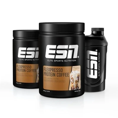 Abbildung von ESN Flexpresso Protein Coffee + Gratis Shaker, White Chocolate Mocca, 2 x 908 g, Cremiger Kaffee mit bis zu 22 g pro Portion made in Germany