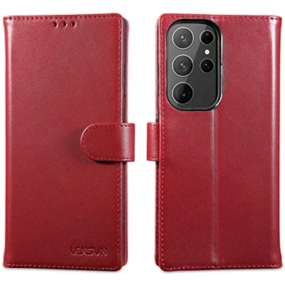 Abbildung von LENSUN Echtleder Hülle für Samsung Galaxy S23 Ultra, Handyhülle [Echtes Leder] [Magnetverschluss] [RFID Schutz] Lederhülle Handytasche Ultra 5G Weinrot