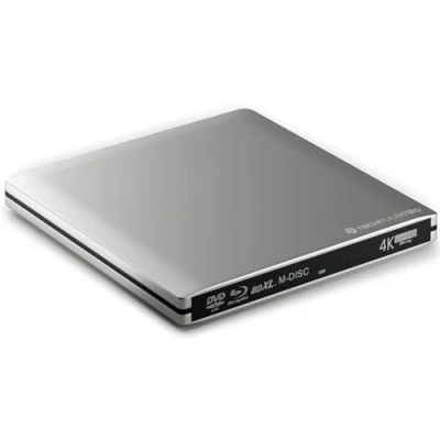 Abbildung von techPulse120 externes USB 3.1 C UHD HDR 4k 3D MDisc BDXL Laufwerk Bluray Brenner Burner Superdrive BD DVD CD für Computer Desktop PC Notebook Ultrabook Windows MacOS Apple iMac Aluminium Silber