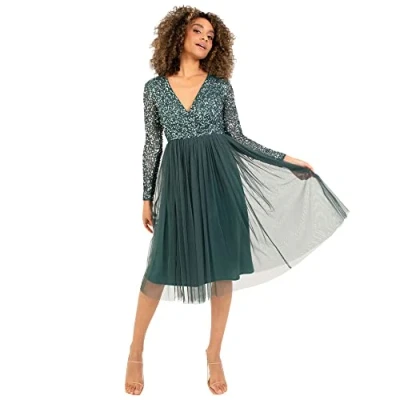 Abbildung von Maya Deluxe Damen Dames Wedding Guest Midi Jurk Lange Mouwen Plunging Hals Sequin Embellished Gradua Brautjungfernkleid, Emerald Green, 38 EU