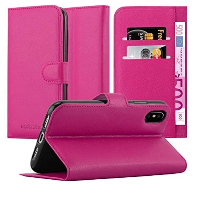 Abbildung von Cadorabo Hülle kompatibel mit Apple iPhone X/XS Handyhülle aus Premium Kunst Leder Flip Klappbare Stoßfeste Magnetische [Standfunktion] [Kartenfächern] Cover für Tasche in Pink