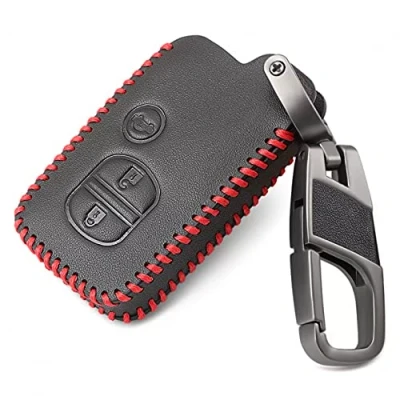 Abbildung von Leder Autoschlüssel Hülle Fernbedienung Schlüsselanhänger 3 Tasten passend für Toyota Land Cruiser Prado Avensis Corolla Prius Highlander Yaris