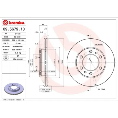 Abbildung von BREMBO 09.5679.10 Bremsscheibe 302 20 6 innenbelüftet TOYOTA: Land Cruiser Prado 70 SUV, 60, SUV Cabrio