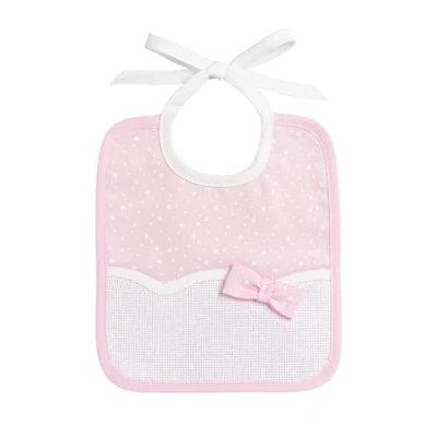 Abbildung von Filet Lätzchen aus Baumwollpiquet mit Sternendruck und Aida Einsatz zum Besticken, ideal für Neugeborene, 100% Made in Italy, Rosa Weiß