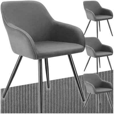 Abbildung von tectake® 4X Esszimmerstuhl, Sessel bequem mit Armlehne, Polsterstuhl, Cord Cocktailsessel, Loungesessel für Wohnzimmer, Esszimmer, Moderne Küchenstühle, Bürostuhl grau/schwarz