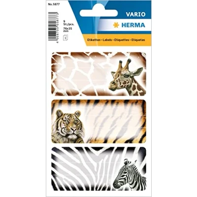 Abbildung von HERMA 5877 Buchetiketten zum Beschriften Afrikanische Tiere, 9 Stück, 76 x 35 mm, selbstklebend, liniert, Buchaufkleber für Schule Kinder Mädchen Jungen, mehrfarbige Heftetiketten Aufkleber, bunt