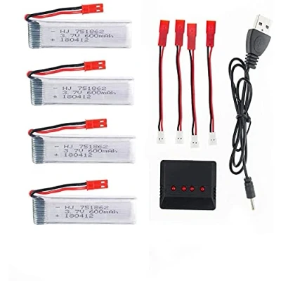 Abbildung von YUNIQUE GREEN CLEAN POWER Set von 4 Wiederaufladbaren LiPo Batterien 3.7V 600mAh für RC Drohnen Kompatibel mit UDI U817, WLtoys V959, Hubschrauber Ladegerät Inklusive 65X17X8 mm 17,5 g