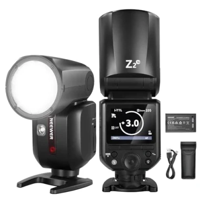 Abbildung von NEEWER Z2 N 2,4G TTL Rundkopf Blitz Speedlite für mit Nikon 76W 1/8000 HSS Flash verbesserte Benutzeroberfläche 2 Modellierlampen TTL/M schnell TCM Schalter 7,2V/3000mAh Akku 600 Volll Leistungsblitz