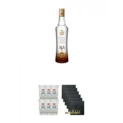 Abbildung von Yeni Raki ALA 0,7 Liter + Shot Gläser 6er Set mit Eichstrich Schiefer Glasuntersetzer eckig 6 x ca. 9,5 cm Durchmesser