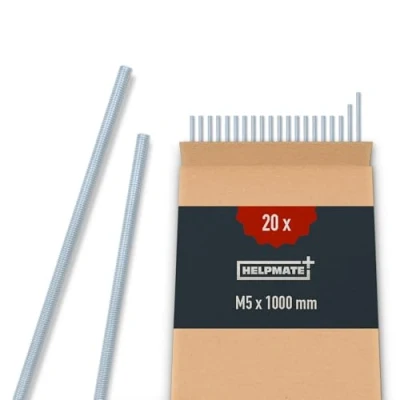 Abbildung von HELPMATE Gewindestange M5 x 1000 mm aus verzinktem Stahl 20 Stück Gewindestab mit metrischem Vollgewinde Gewindestift Festigkeitsklasse 4.8, DIN 976