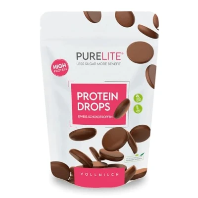 Abbildung von PURELITE Protein Drops vollmilch vegetarisch, High 26g/100g, Schokodrops ohne Zuckerzusatz, Erythrit &amp; Stevia, kalorienarm, Snack, Backen Schmelzen, Kuvertüre, Schokobrunnen, 450g