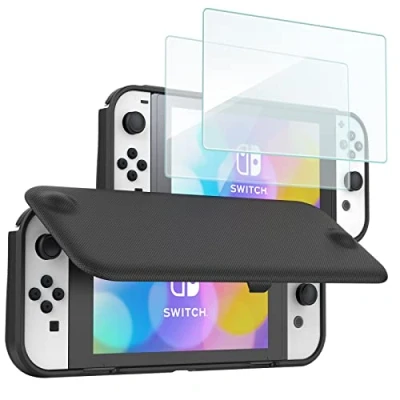 Abbildung von ProCase Klapp Schutzhülle + (2 Stück) Displayschutz für Nintendo Switch (OLED Modell) Weich dünn TPU Stoßfest Hülle 2 Hartglas Blasenfrei Displayschutzfolien aus gehärtetem Glas Schwarz