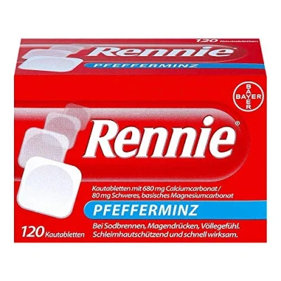 Abbildung von Rennie Pfefferminz lindern Sodbrennen und säurebedingte Magenbeschwerden, 120 Kautabletten