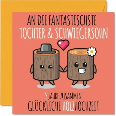 Abbildung von Stuff4 5. Hochzeitstag Karte Liebe 5 Jahre Zusammen Holz Hochzeit Jahrestag Geschenke für Tochter Schwiegersohn vom Mama Papa, 145mm Glückwunschkarten