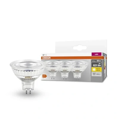 Abbildung von OSRAM LED Star MR16 Lampe für GU5.3 Sockel, Reflektor Lampe, Glas Design, 621 Lumen, warmweiß (2700K), Ersatz herkömmliche 50W Glühbirnen, nicht dimmbar, 3er Pack
