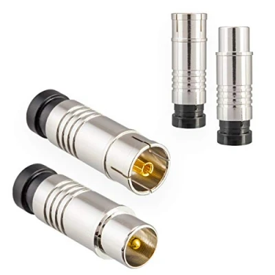 Abbildung von Antennenstecker Set 2X Stecker &amp; Buchse für Kabelfensehen DVB C Radio T2 TV Antennen IEC (männlich + weiblich) Kompressionsstecker Koaxial Antennenkabel Kupplung Kabel BK Anlagen HQ 4K UHD