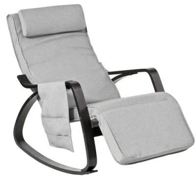 Abbildung von SoBuy FST20 HG NEU Schaukelstuhl mit Tasche Relaxsessel 5 Fach verstellbares Fussteil Schwingsessel schwarzes Gestell Belastbarkeit 150kg grau