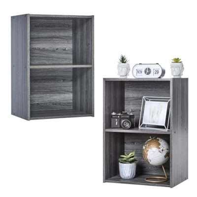 Abbildung von Iris Ohyama, Bücherregal, Set mit 2 Beistellmöbeln, Aufbewahrungsfächer aus Holz, Design, Solide, Büro, Schlafzimmer, Wohnzimmer CX Eiche Grau