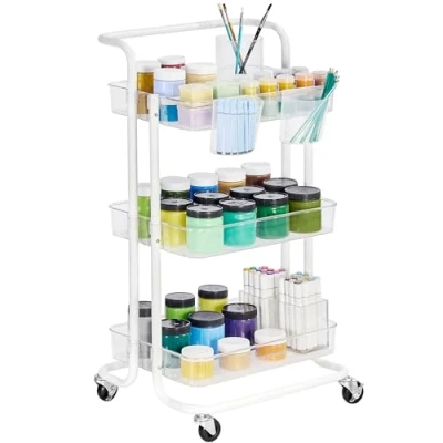 Abbildung von SONGMICS Rollwagen, 3 Ebenen, Servierwagen, Küchenwagen mit Griff, 2 kleine Einhängefächer, Bremsen, Ablagefächer aus Kunststoff, einfacher Aufbau, Schlafzimmer, weiß transparent BSC067W03