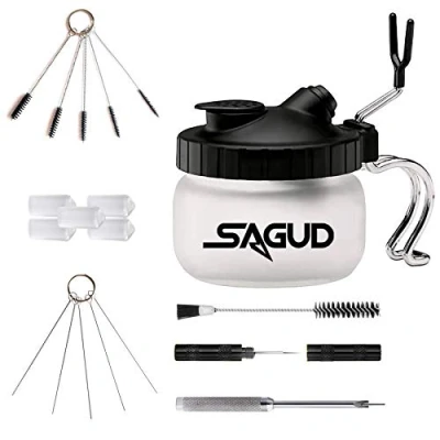 Abbildung von Sagud Airbrush Reinigungsset mit Reinigungsbürsten Waschbürsten Nadeln, sauberer Topf Glas Reinigungstopf Halter